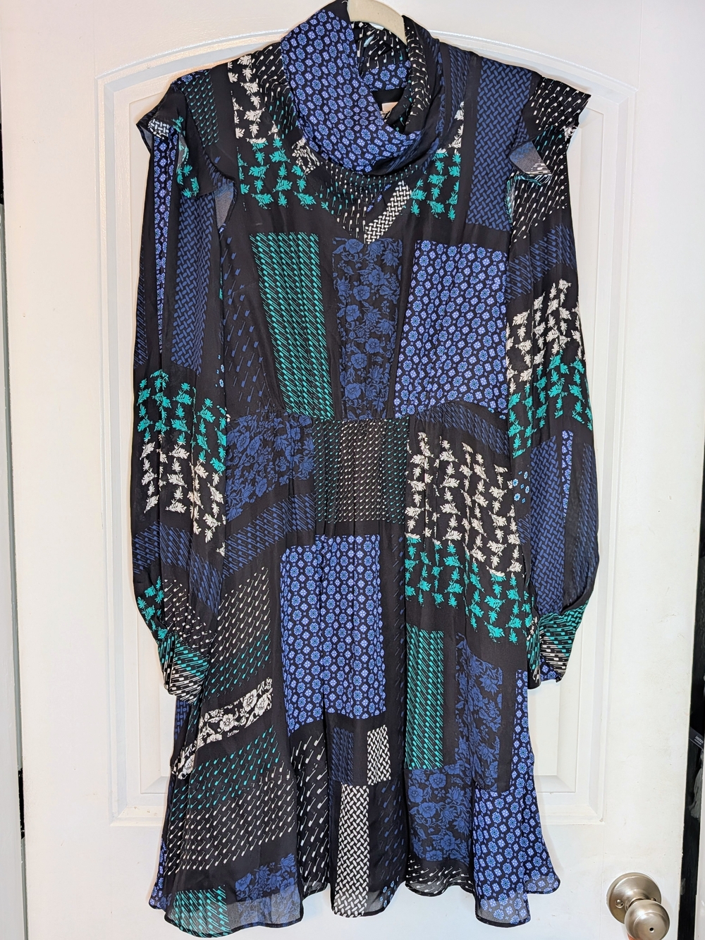 Derek Lam 10 Crosby Silk Patchwork Floral Scarf Print Cowl Neck Dress